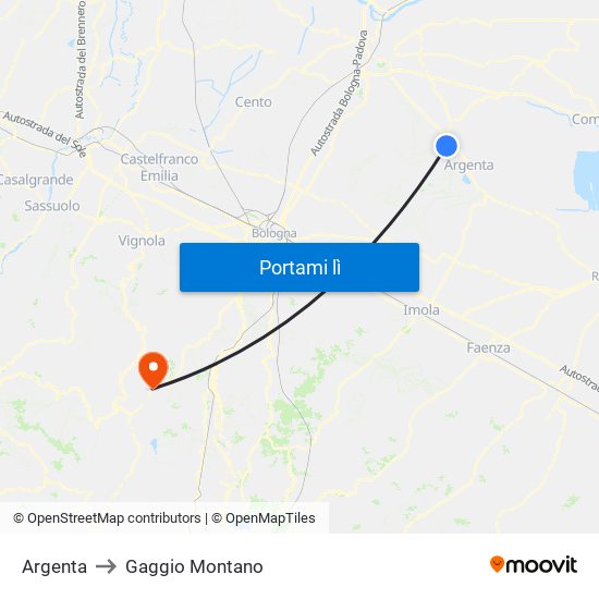 Argenta to Gaggio Montano map