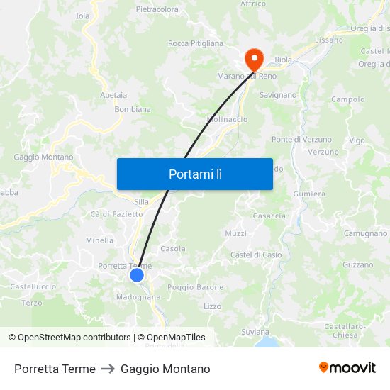 Porretta Terme to Gaggio Montano map