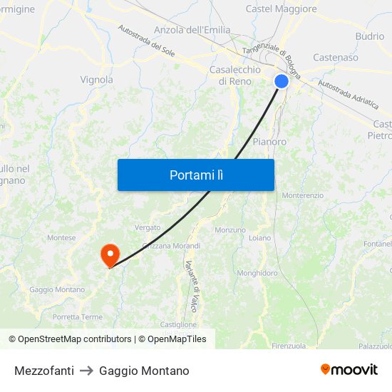 Mezzofanti to Gaggio Montano map