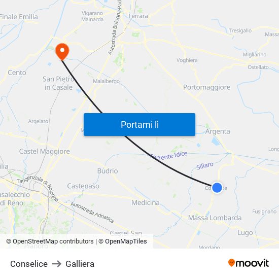 Conselice to Galliera map