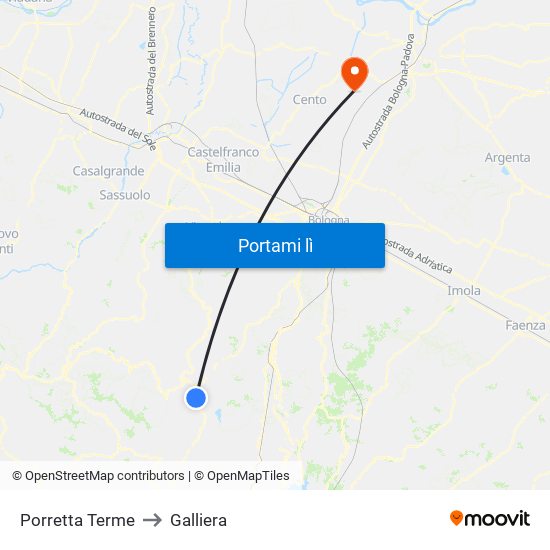 Porretta Terme to Galliera map