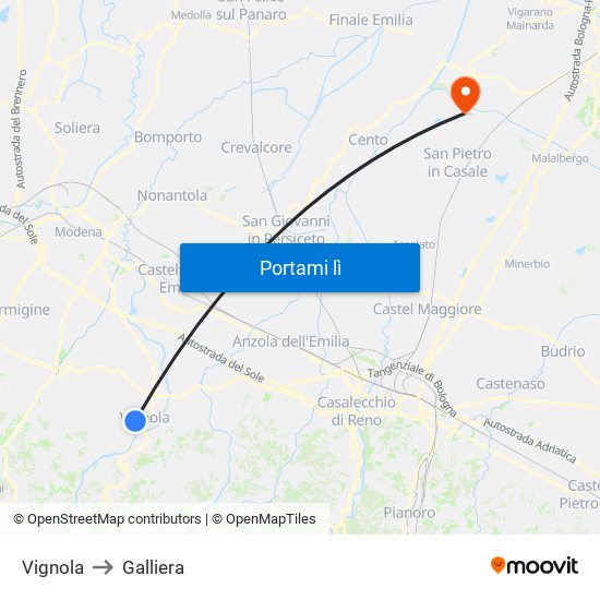 Vignola to Galliera map