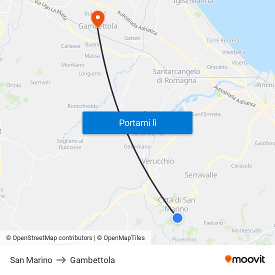 San Marino to Gambettola map