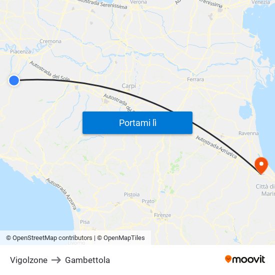Vigolzone to Gambettola map