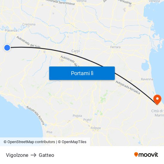Vigolzone to Gatteo map