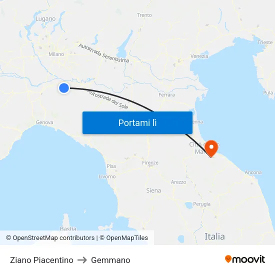 Ziano Piacentino to Gemmano map