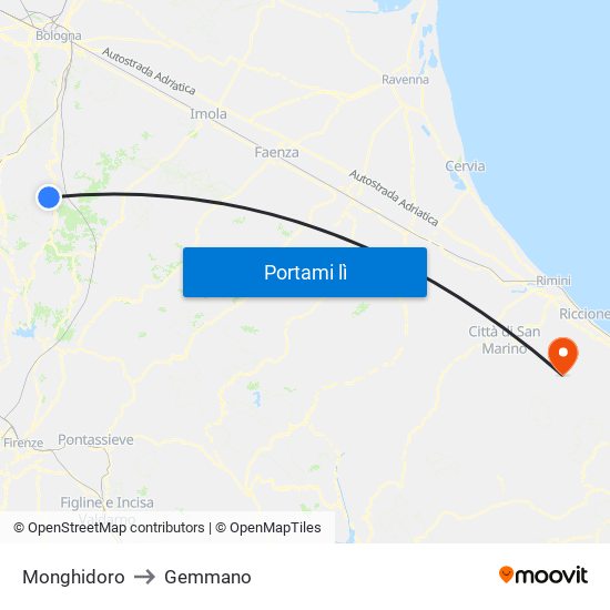 Monghidoro to Gemmano map