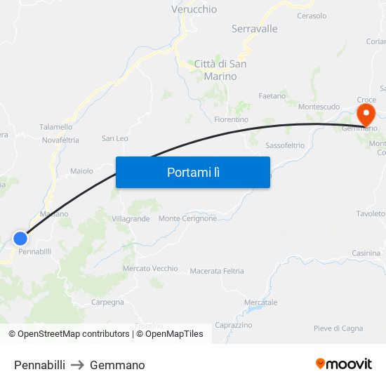 Pennabilli to Gemmano map