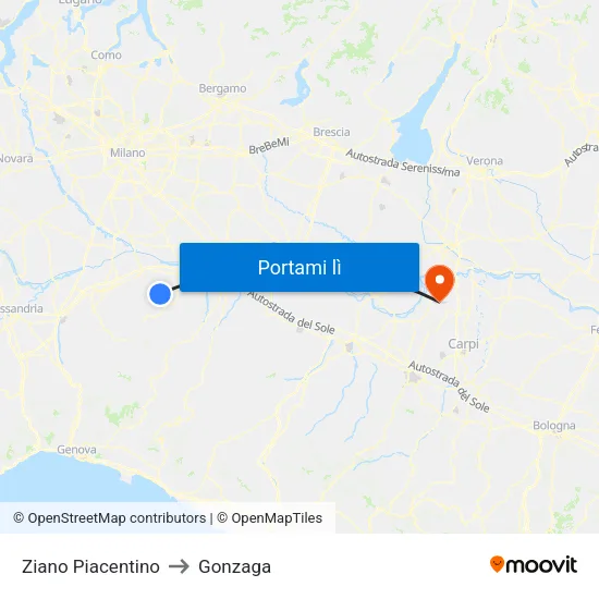 Ziano Piacentino to Gonzaga map