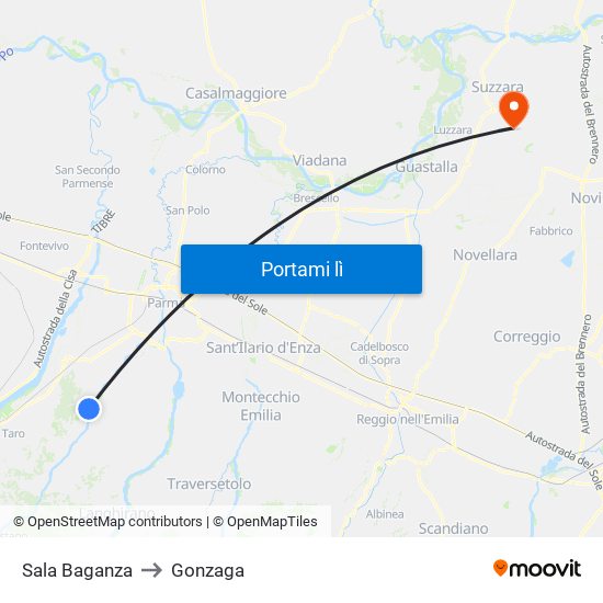 Sala Baganza to Gonzaga map