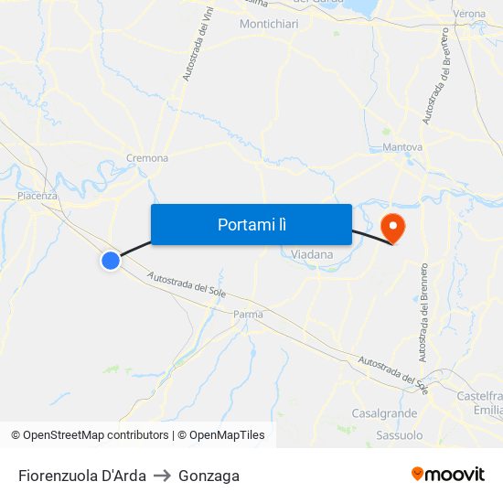 Fiorenzuola D'Arda to Gonzaga map