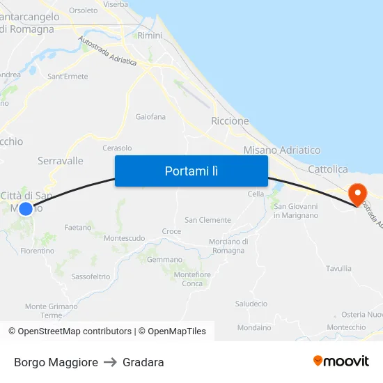 Borgo Maggiore to Gradara map