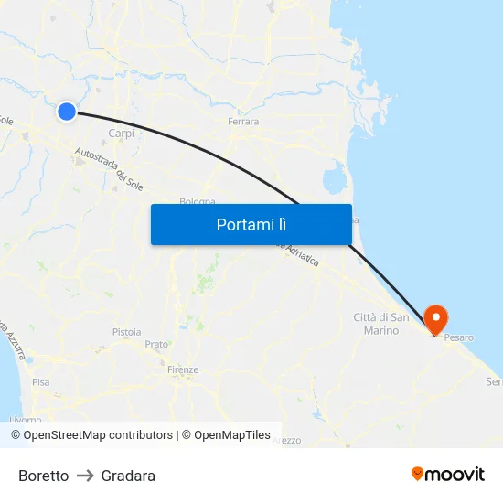 Boretto to Gradara map