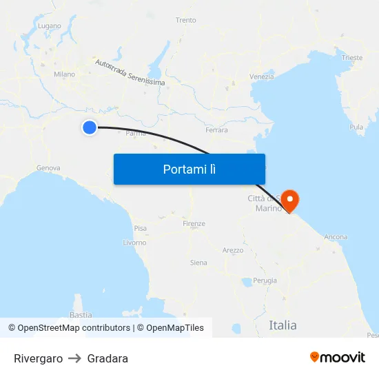 Rivergaro to Gradara map