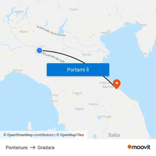 Pontenure to Gradara map