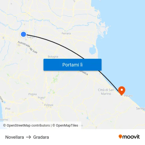 Novellara to Gradara map