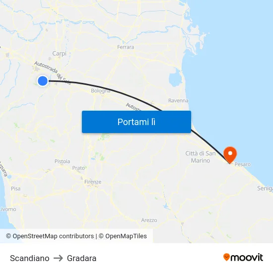 Scandiano to Gradara map