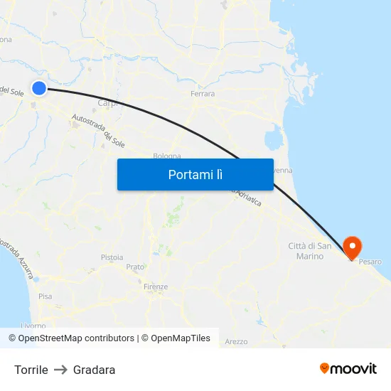 Torrile to Gradara map