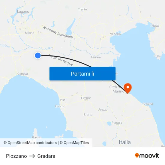 Piozzano to Gradara map