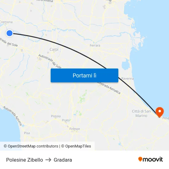 Polesine Zibello to Gradara map