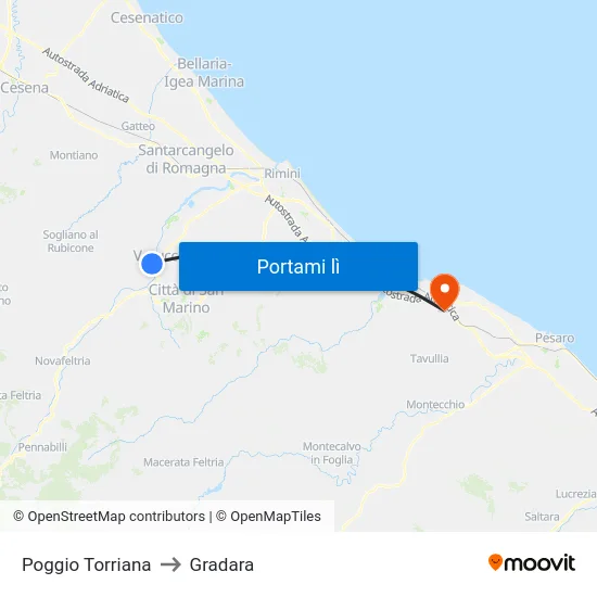 Poggio Torriana to Gradara map