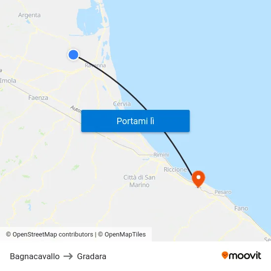 Bagnacavallo to Gradara map