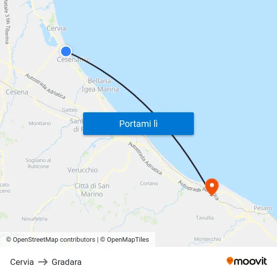 Cervia to Gradara map