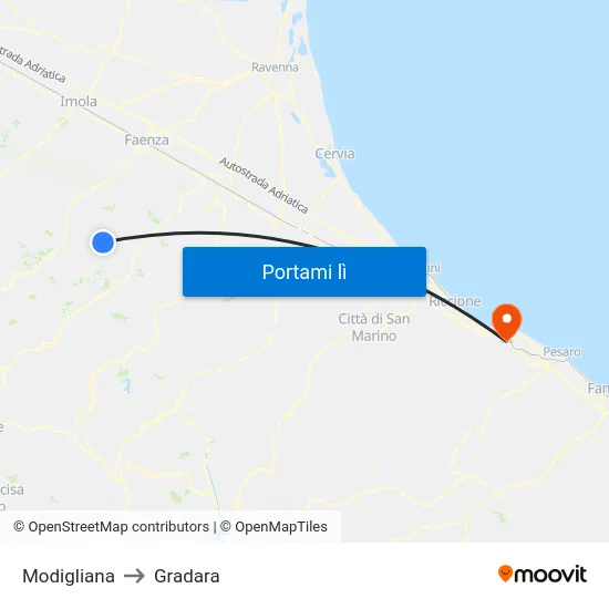 Modigliana to Gradara map