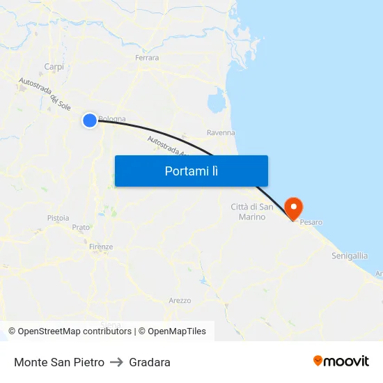 Monte San Pietro to Gradara map