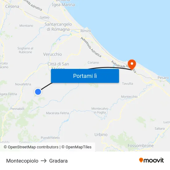 Montecopiolo to Gradara map