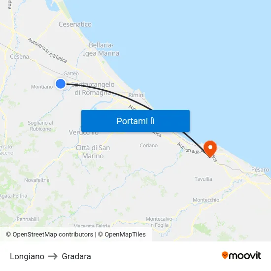 Longiano to Gradara map