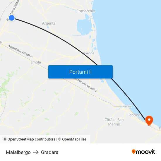 Malalbergo to Gradara map