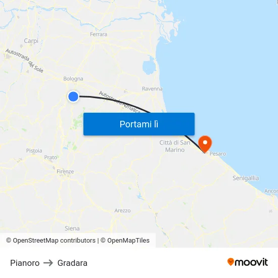 Pianoro to Gradara map