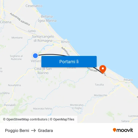 Poggio Berni to Gradara map