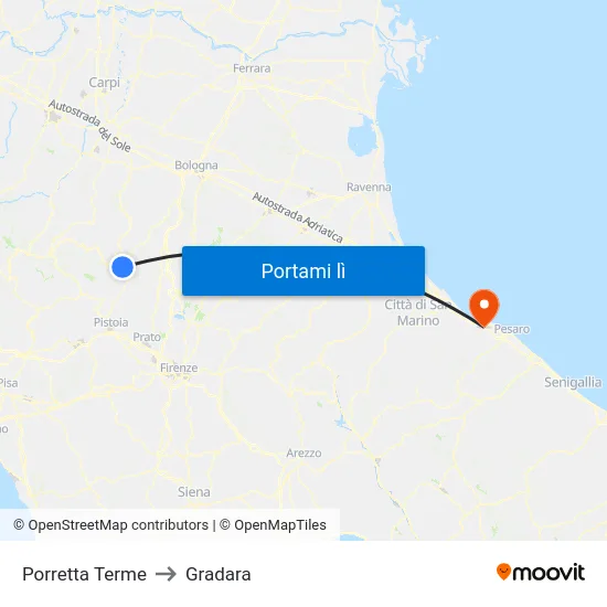 Porretta Terme to Gradara map