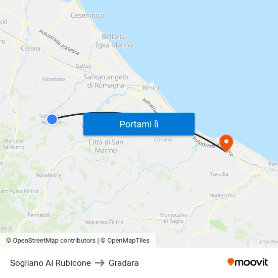 Sogliano Al Rubicone to Gradara map