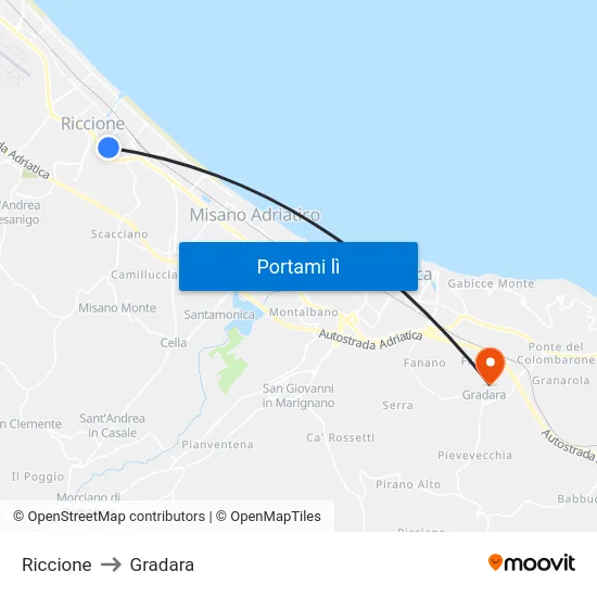 Riccione to Gradara map