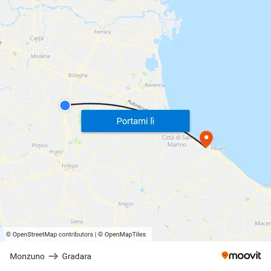 Monzuno to Gradara map