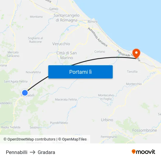 Pennabilli to Gradara map