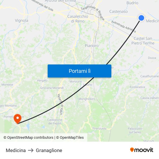 Medicina to Granaglione map