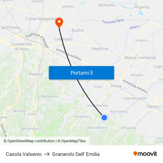 Casola Valsenio to Granarolo Dell' Emilia map