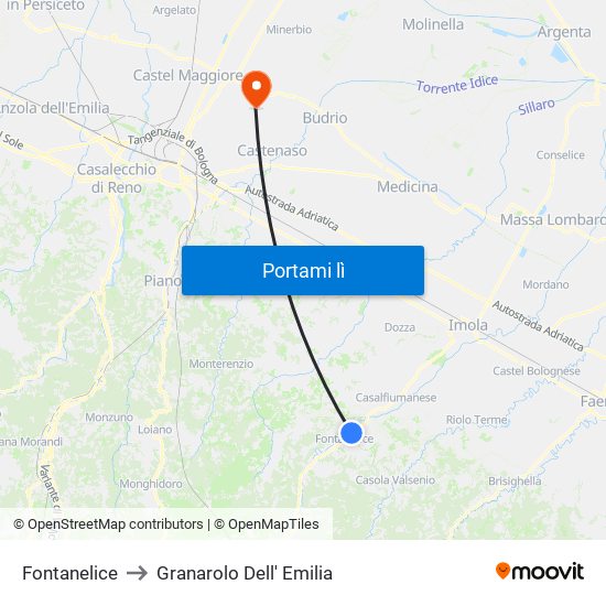 Fontanelice to Granarolo Dell' Emilia map