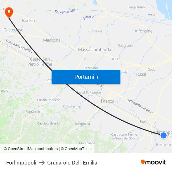 Forlimpopoli to Granarolo Dell' Emilia map