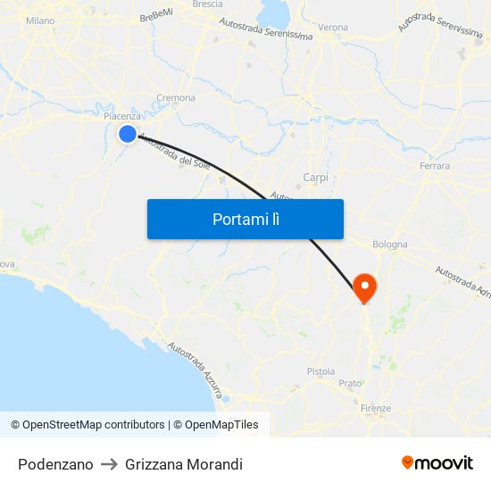 Podenzano to Grizzana Morandi map