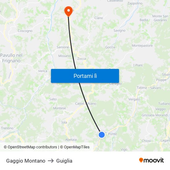 Gaggio Montano to Guiglia map