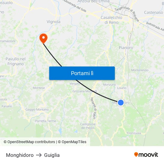 Monghidoro to Guiglia map