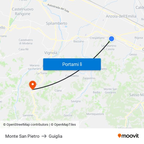 Monte San Pietro to Guiglia map