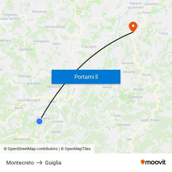 Montecreto to Guiglia map