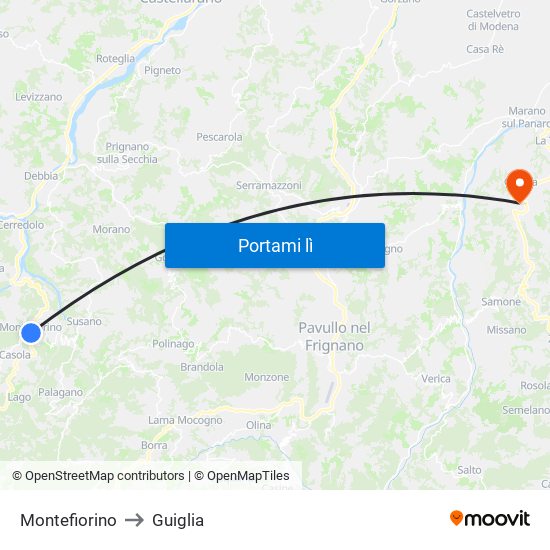 Montefiorino to Guiglia map