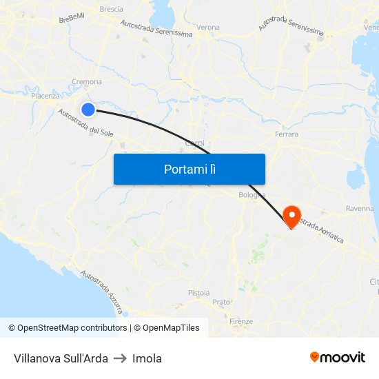 Villanova Sull'Arda to Imola map